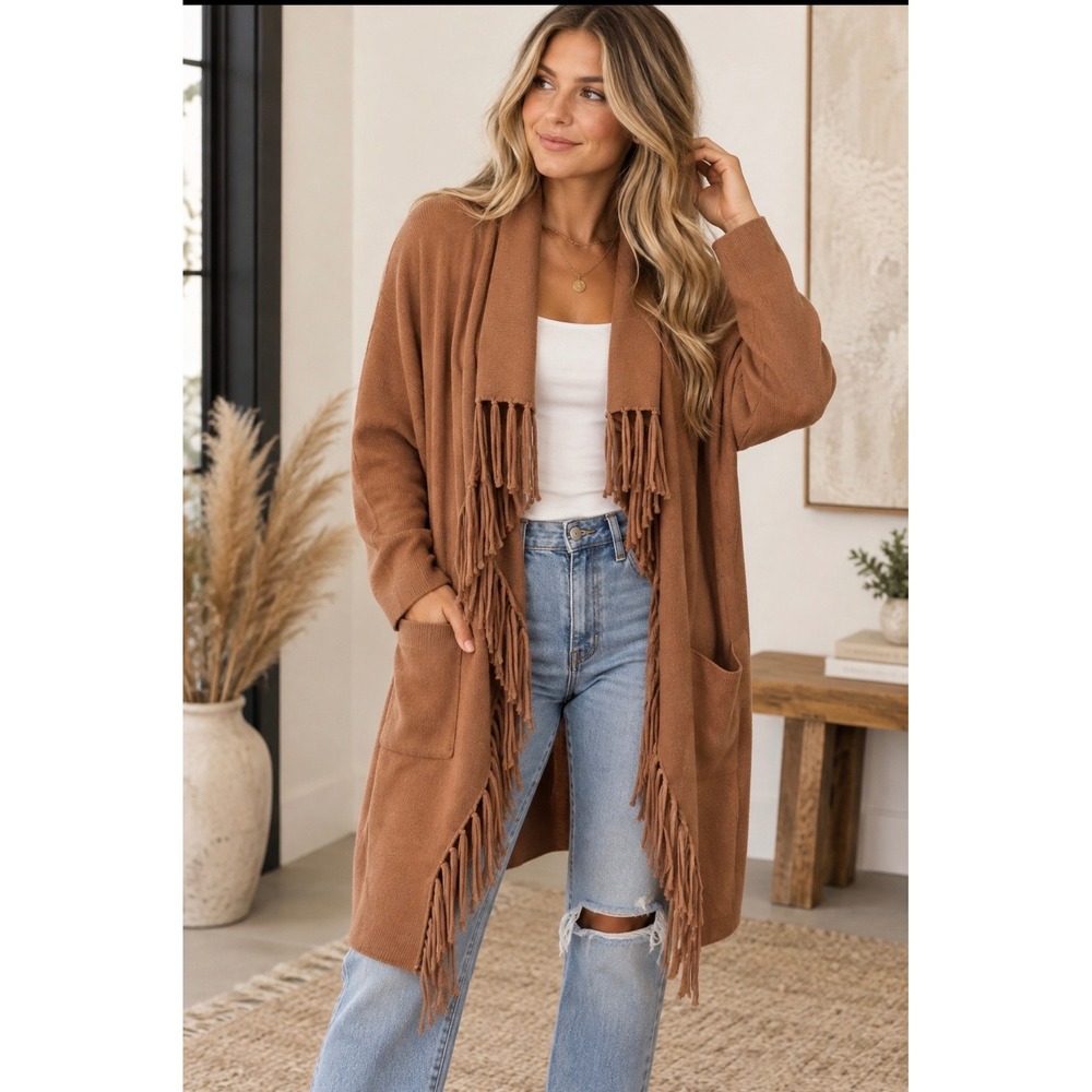 Eva & Paige Women's Rust Brown Fringe Open Front Long Cardigan Sweater Pockets